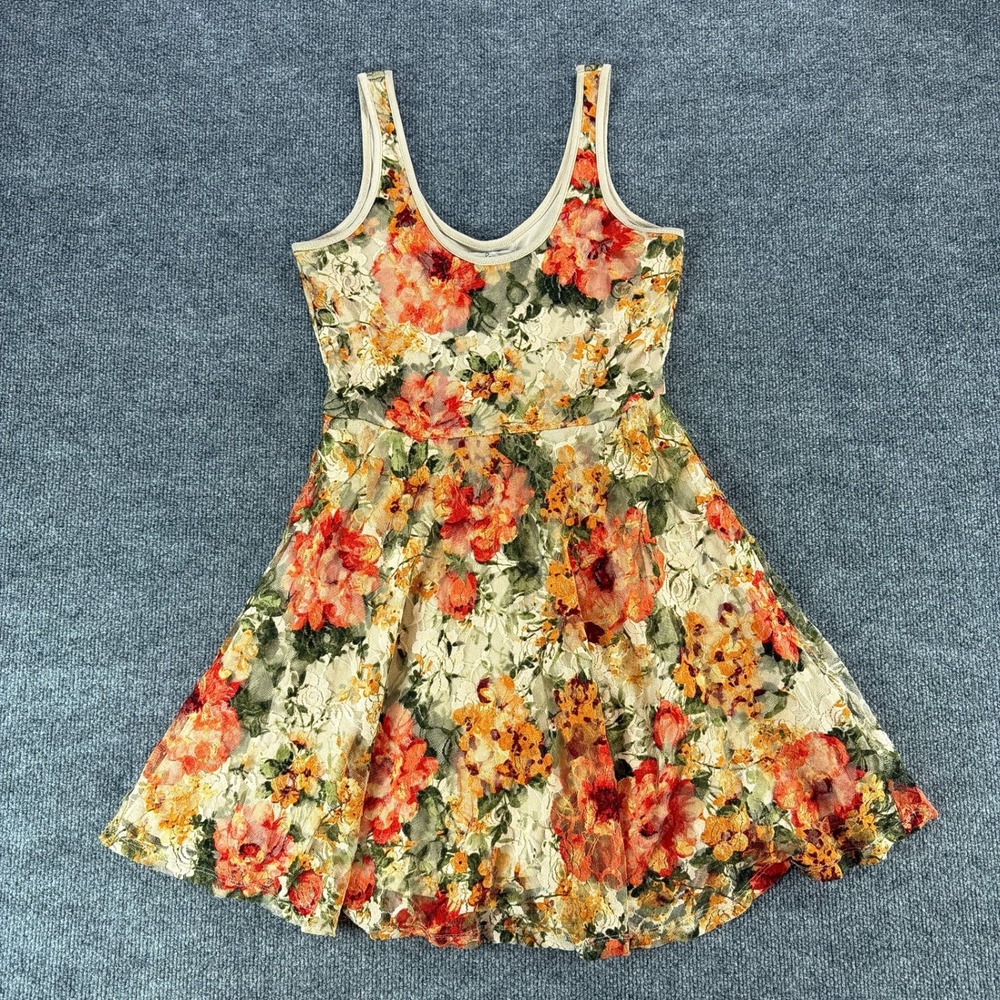American Rag Floral Lace Fit and Flare Dress Orange Yellow Cream Sleeveless M‎